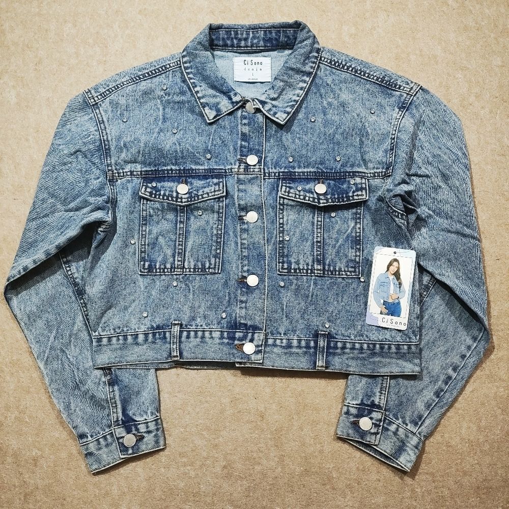 Ci Sono Crop Blue Rhinestone Embellished Jean Jacket #6